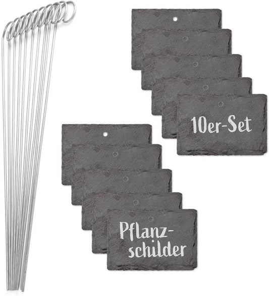 Schiefer-Pflanzschilder - 10er Set | Witterungsbeständig, Wiederverwendbar | Individuelles Beschriften von Pflanzen, Kräutern & Blumen | Mit Erdspießen aus Stahl | Maße 10 x 7 x 0,5 cm [Eckig] DER TOMATENFLÜSTERER